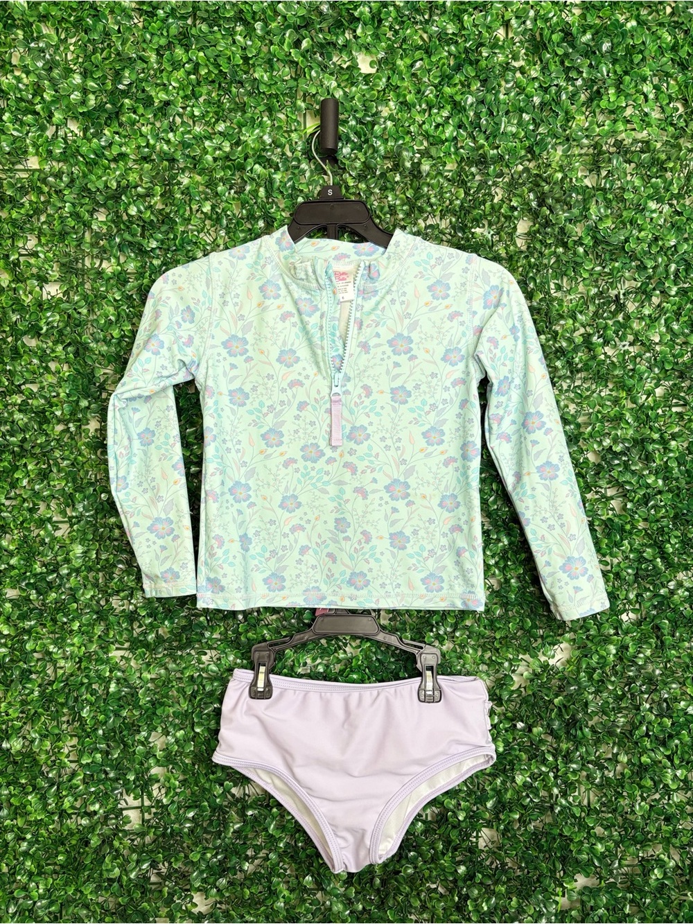 Ruffle Butts Mint Floral Long-Sleeve Rash Guard with Light Purple Bottoms